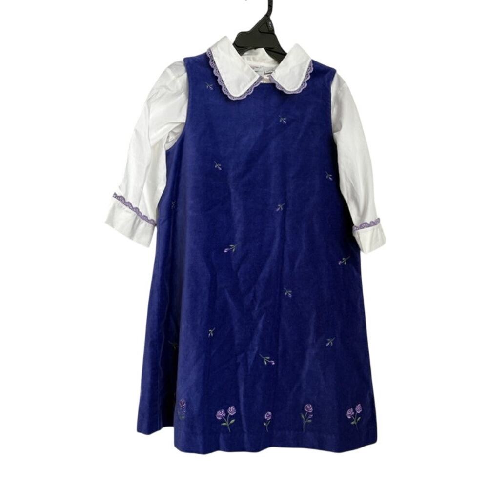 NWT Vintage Talbots Girls Corduroy Violet Floral Embroidered Dress Size 6